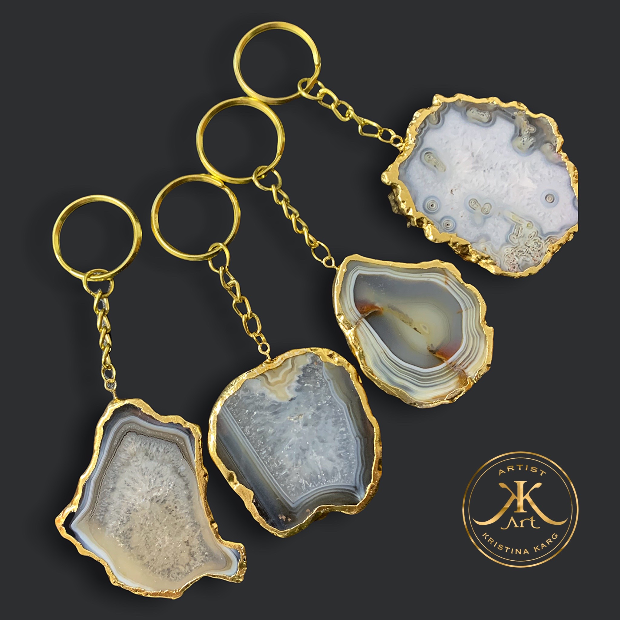 Grey Natural Agate Stone Keychain middle